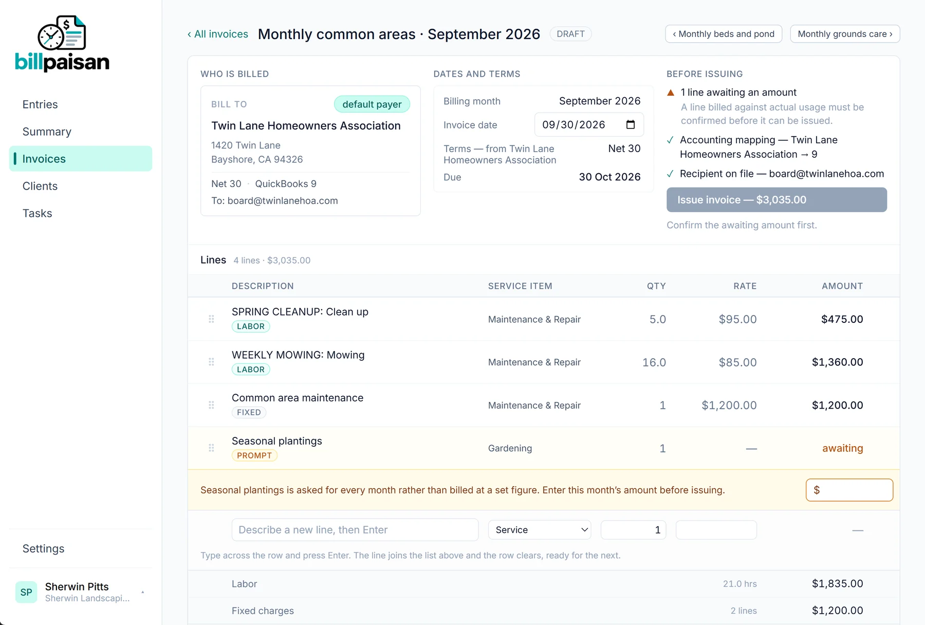 The BillPaisan invoice draft for Twin Lane Homeowners Association, September 2026: two labor lines, a fixed maintenance charge, and a seasonal plantings line awaiting an amount.